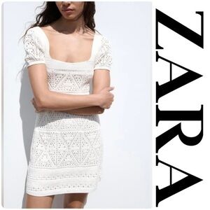 Zara Crochet Knit White Sheath Dress with Puff Sleeves and Square Neck. Lined